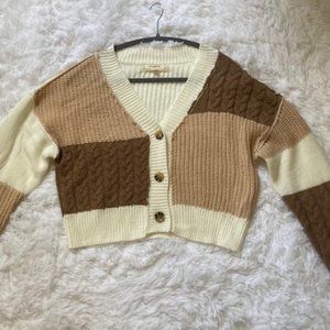 No comment cardigan, size medium, beige, brown, and white